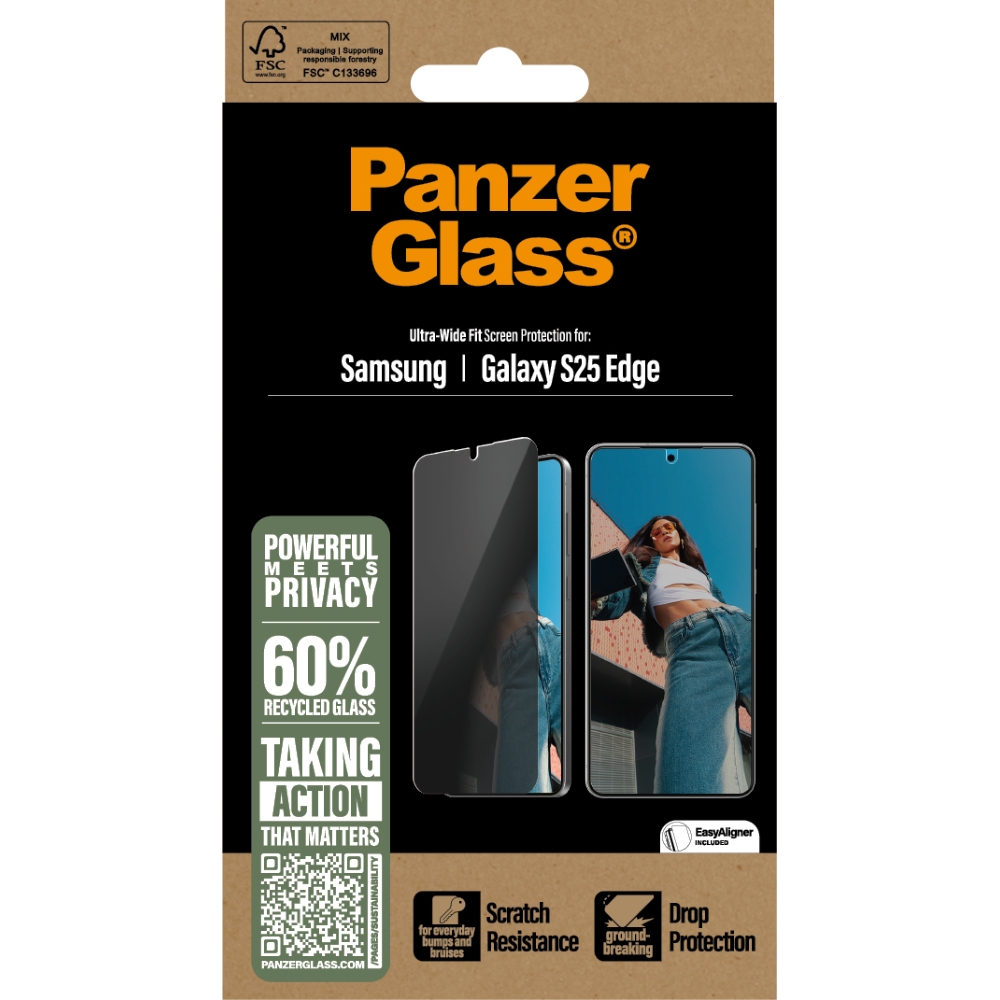 Szkło hartowane na cały ekran PanzerGlass Ultra-Wide Fit Privacy + EasyAligner do Samsung Galaxy S25 Edge przyciemniane, szkło z filtrem prywatyzującym, szybka